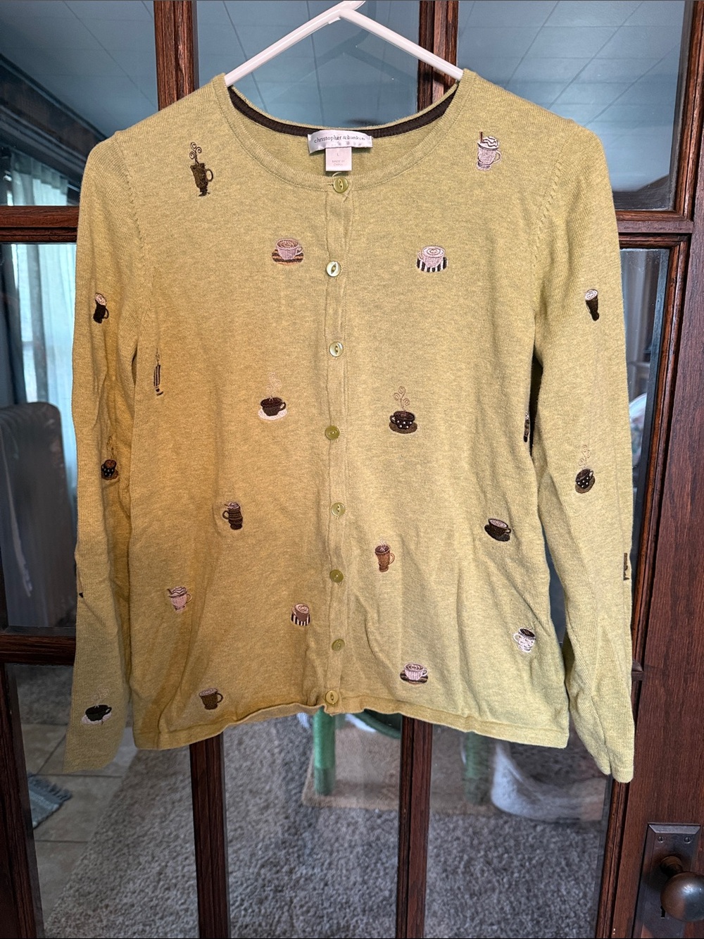 Christopher & Banks Lime Green Embroidered Coffee Motif Cardigan